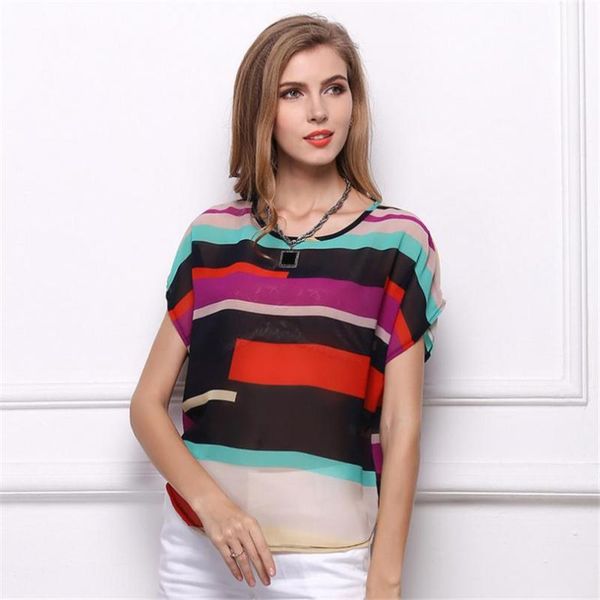 

women's blouses & shirts chsdcsi short sleeves womens chiffon blouse striped summer clothing o-neck casual rainbow, White