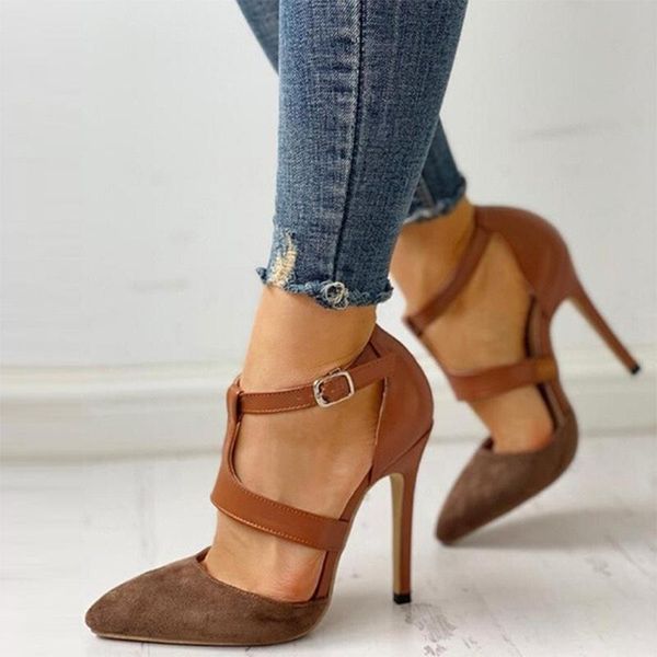 

sandals women buckle hight heels woman pointed toe 2021 female party shoes summer ladies retro flock footwear big size 43, Black