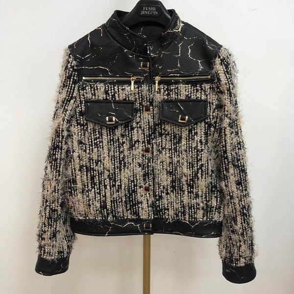 

women's leather & faux shzq natural real sheepskin coat spring women mujeres abrigos genuine jacket patchwork woolen outerwear, Black