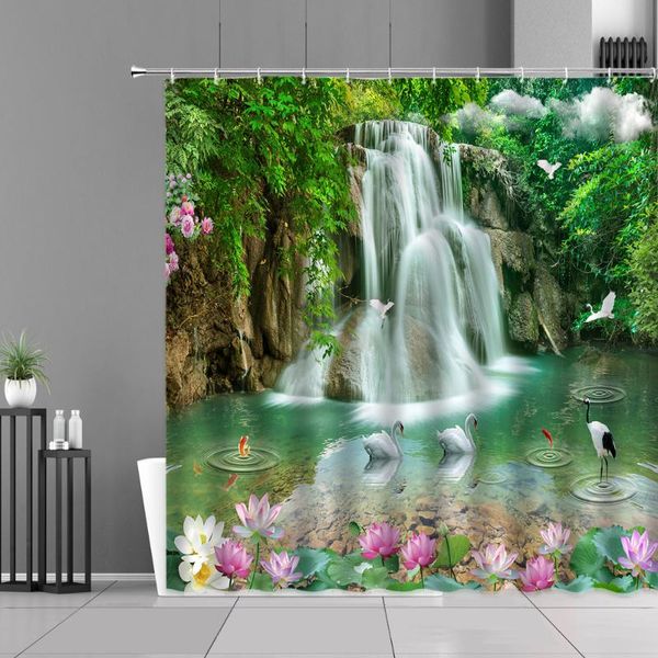 

shower curtains waterfall landscape green plants pink lotus flower swan forest spring scenery bath curtain waterproof home decor