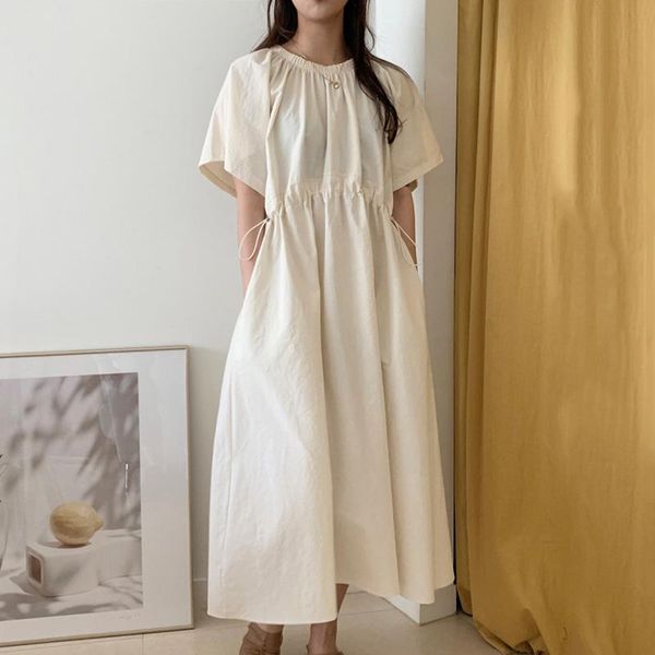 

casual dresses [ewq] women big size light green shirring long dress round neck short sleeve loose fashion tide spring summer 2021, Black;gray