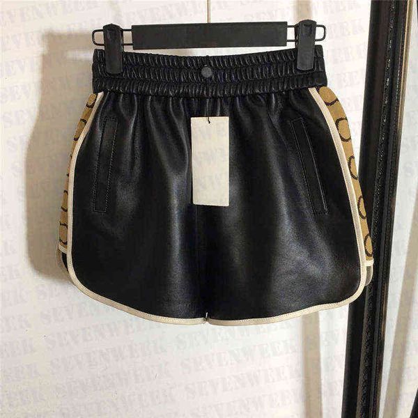 

women designer leather shorts pants jacquard letters sports short fashion casual elastic waist sheepskin pant, White;black