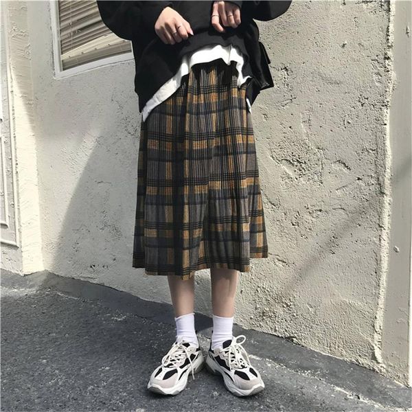 

skirts poungdudu 2021 women plaid skirt pleated thicken elastic woolen sweet female preppy style high waist all match vintage, Black