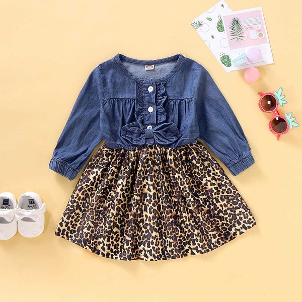 Осенняя малыша дети девочка одежда джинсовая лоскутное леопардовое печать дирпрингпарты платья оптом x0803