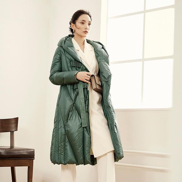 

women's down & parkas winter coat women with belt mid-length fashion slim style hooded high street collar solid casual outwear 2021, Black