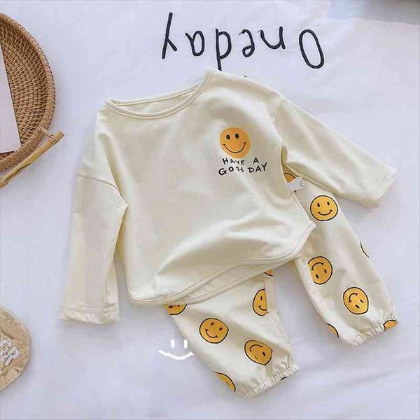 

spring kids clothing set o-neck long sleeve smile blouse and loose pants 2 pcs suit, White
