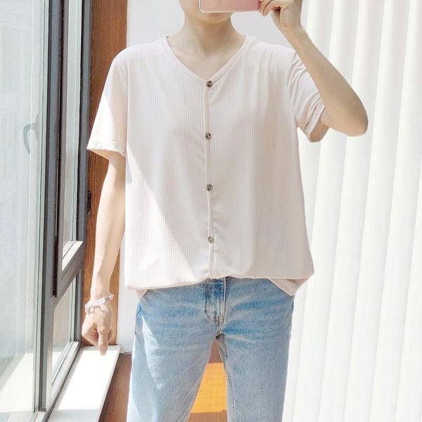 

women t-shirt oversized tees 2021 summer clothes short sleeve plus size thread ice v neck button camiseta mujer women's, White