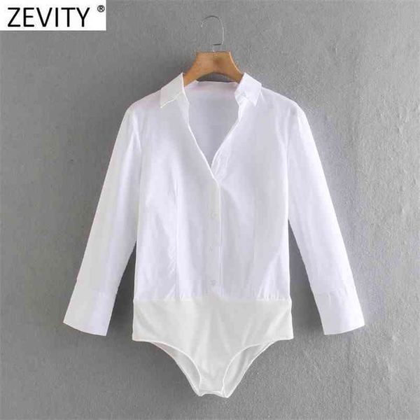 Mulheres Moda Desligado Collar Branco Poplin Bodysuits Senhoras Escritório Desgaste Breasted Slim Siamese Chic Macreiras LS9095 210420