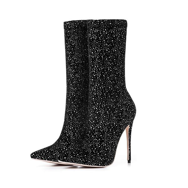 

boots women glitter sock stiletto heel pointed toe stretch booties, Black