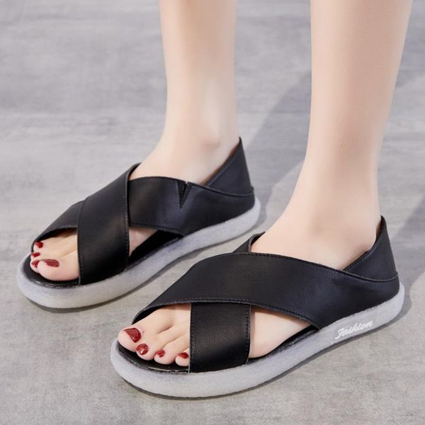 

sandals 100% genuine leather shoes women thick sole flat non-slip fashion summer ladies beach a3509, Black