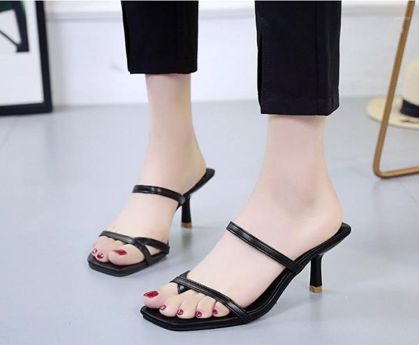 

white high heels sandals for summer narrow band heel vintage square toe concise ladies shes party yellow gladiator dress shoes1, Black