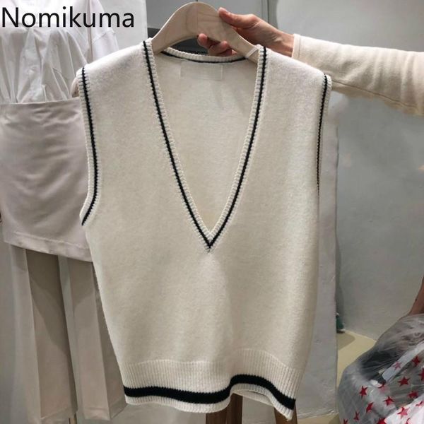 

nomikuma korean style v neck sweater vest women contrast color casual all-match waistcoat female stylish jackets chaleco mujer women's, Black;white
