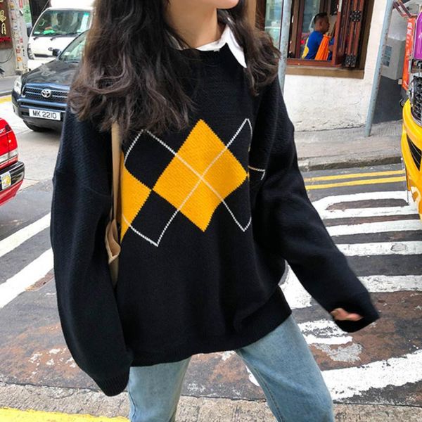 

women's sweaters fashion geometric pattern basic hit casual regular 2021 female women long sleeve all match college wind, White;black
