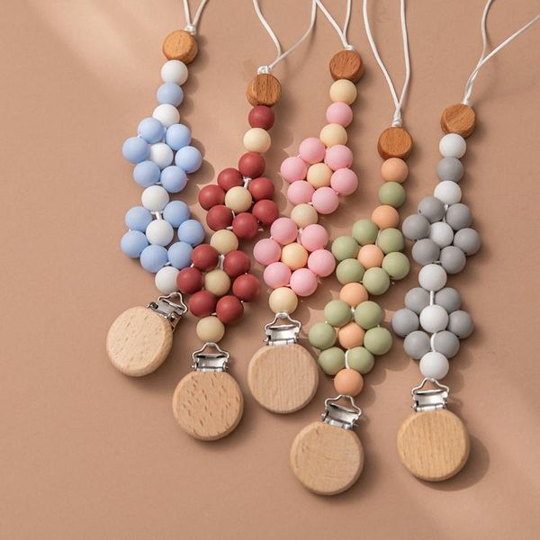 

1pcs baby silicone pacifier chain teeting chains clip beads beech wooden clips wood teether tiny rod kids dummy pacifiers#