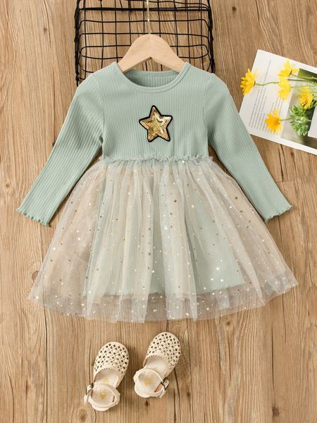 

toddler girls contrast star sequin mesh hem dress she, Red;yellow