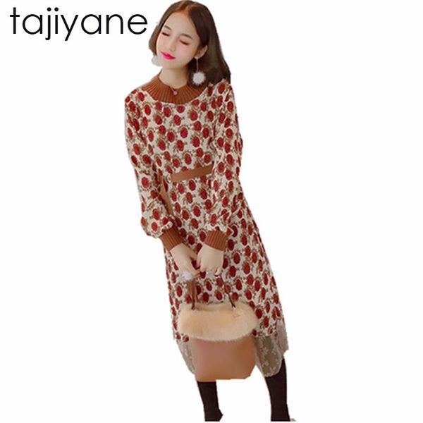 

casual dresses tajiyane spring autumn women printed dress long sleeve o neck chiffon 2021 elastic waist a-line ld088, Black;gray