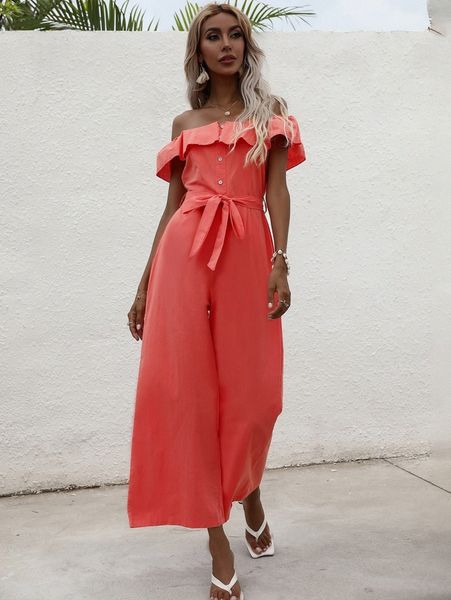 

ruffle off shoulder belted wide leg jumpsuit u9np#, White