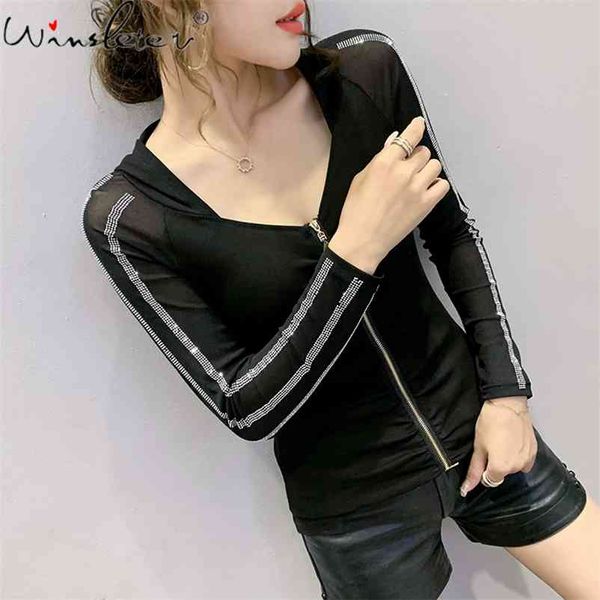 

fall winter korean style tshirt chic zipper hooded mesh long sleeve dimonds cotton camiseta mujer tees new t00509a 210401, White