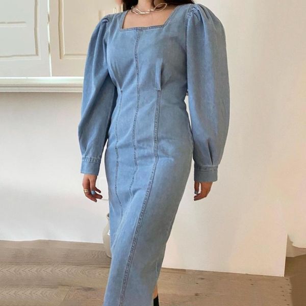 

casual dresses korea chic autumn french retro square collar puff sleeve bag hip slim long denim dress female, Black;gray