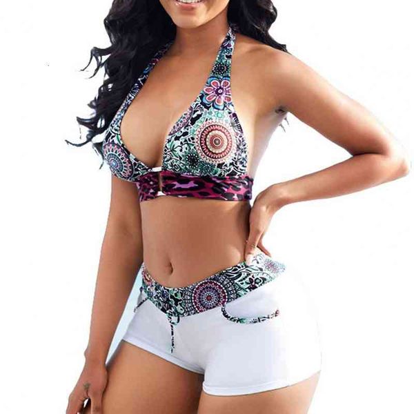 

swimsuit two pieces women swimming suits swimwear patchwork bikini printed deep v neck halter low rise micro shorts, White;black