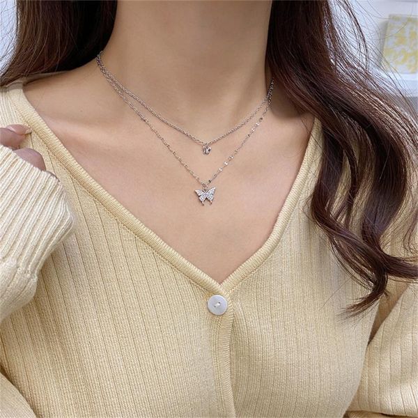 

chains rhinestone butterfly pendant necklace for women ladies clavicle chain choker girls double layer fashion jewelry, Silver