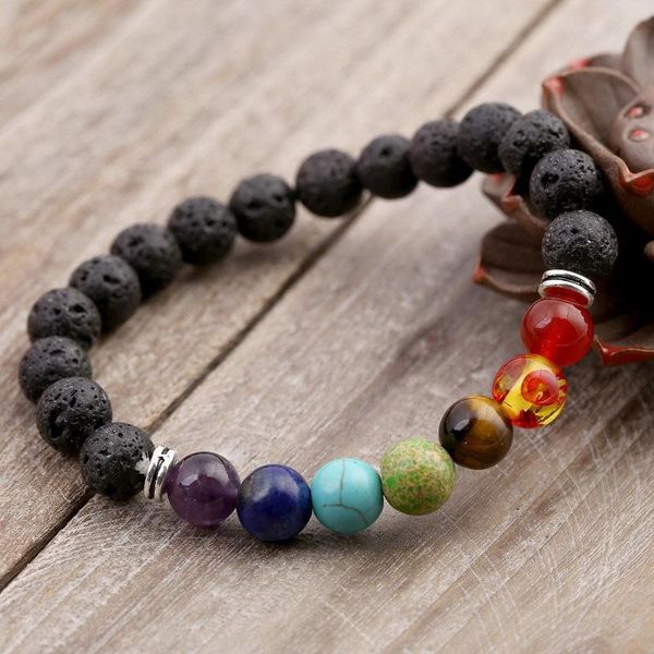 

fashion men women bracelet natural lava stone colorful beaded 7 chakra charm bracelets jewelry accessories mu8669, Golden;silver
