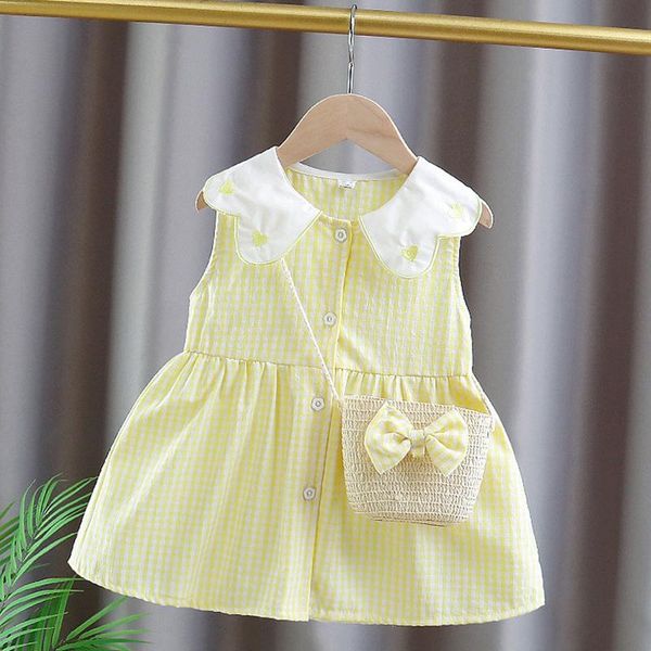 

girl's dresses toddler baby kids girl summer dress clothes sleeveless plaid heart print princess bag outfits children's casual clo, Red;yellow