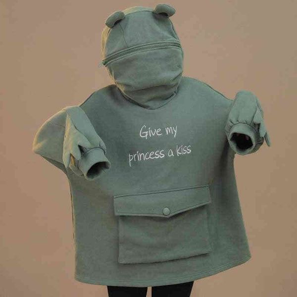 

women's hoodies & sweatshirts frog sweatshirt sweat animal cartoon hooded jacket overall autumn thick loose harajuku letters, Black