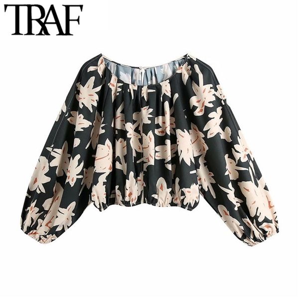 

women fashion floral print cropped blouses vintage lantern sleeve with elastic trims female shirts chic 210507, White