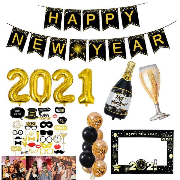 

party decoration 2021 happy year foil balloons po booth frame props gold black banner garland eve home supplies