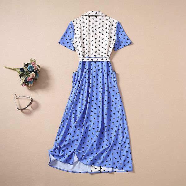 

dress high end fashion summer business inspired women notched collar little flower print short sleeve blue white dress, Black;gray