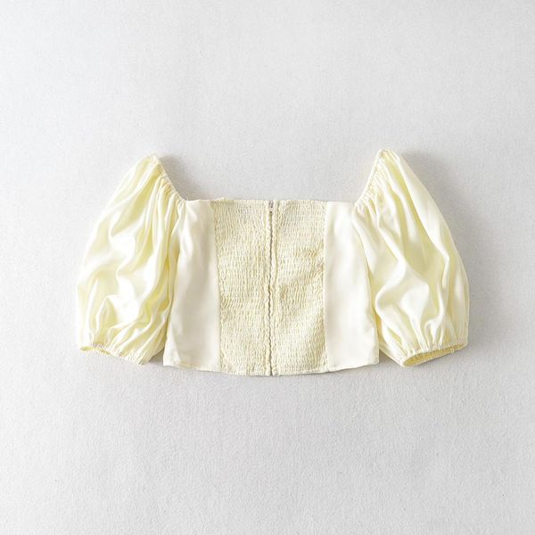 

t shirt retro puff sleeves short exposed navel waist slimming hollow women's shirt square collar sweet harajuku casual female top, White