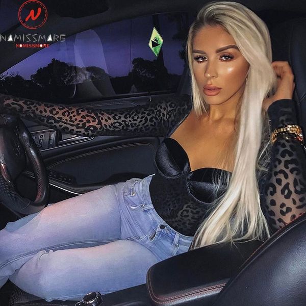 

fashion women long sleeve bodycon bodysuits mesh patchwork design see through v-neck leopard print slim pullovers jumpsuits, Black;white