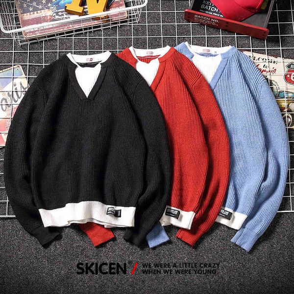 

ins autumn and winter fashion sweater men's fake two round neck korean loose pullover handsome solid color sweater, White;black