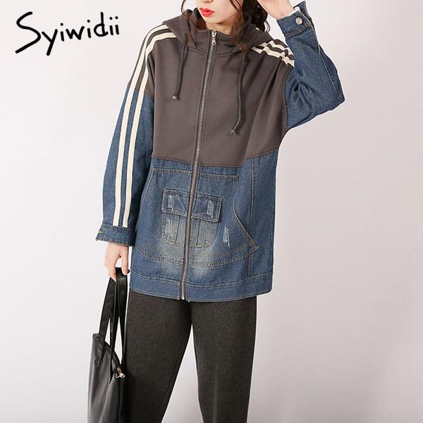 

women's jackets syiwidii patchwork denim coats and women batwing sleeve streetwear side stripes spliced pockets lace up long 2021, Black;brown