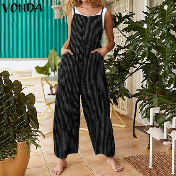 

women's jumpsuits & rompers overalls for women plus size casual wide leg pants vonda 2021 summer pockets sleeveless striped palysuits, Black;white