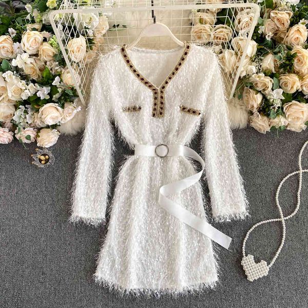 

dresses autumn and winter v-neck slim women elegant a-line tassel dress with sash, Black;gray