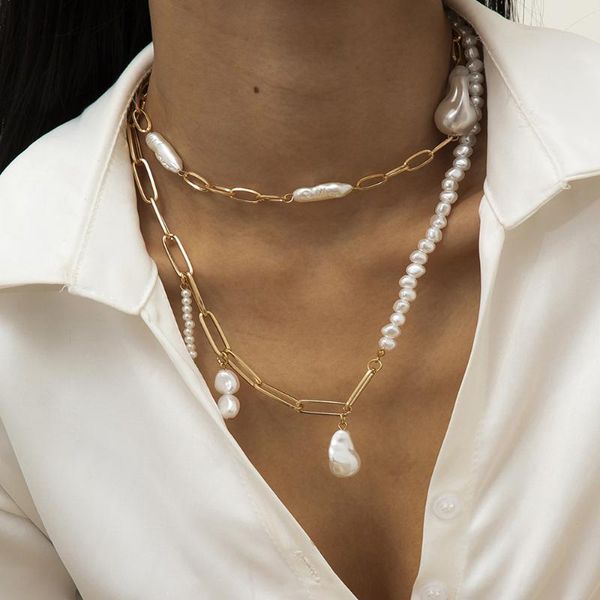 

pendant necklaces asymmetry imitation pearl necklace collar for women fashion multi layered gold color link chain choker jewelry, Silver