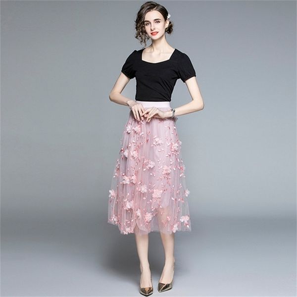 

summer 2 piece set women short sleeve knitted cotton and 3d flowers embroidery mesh long skirt suits 210602, White