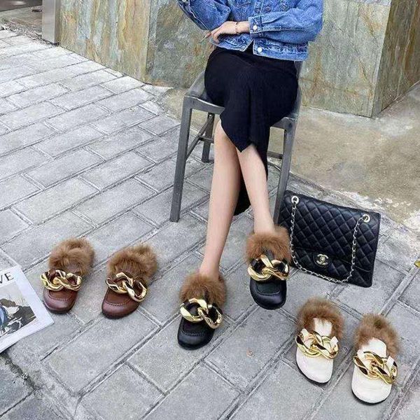 

slippers luxury suede outdoor women full fur winter warm plush bedroom non-slip couples shoes indoor ladies furry, Black