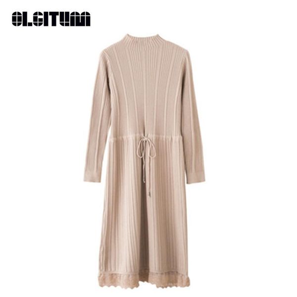 

casual dresses 2021 lace long sweater dress female over the knees autumn and winter turtleneck pleated bottoming knit vestidos dr738, Black;gray