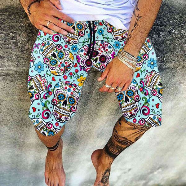 

men's pants 2021 summer personalized skull print shorts young slas, Black