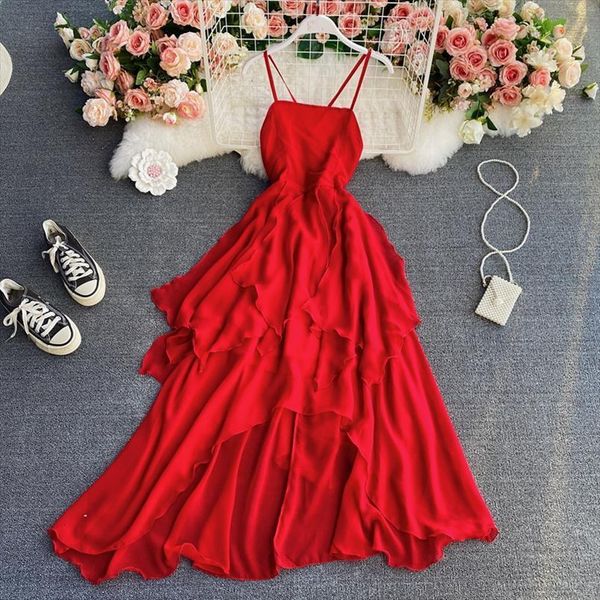 

red white party women dresses spaghetti strap long vacation beach irregular ruffle high waist vestidos spring summer, Black;gray