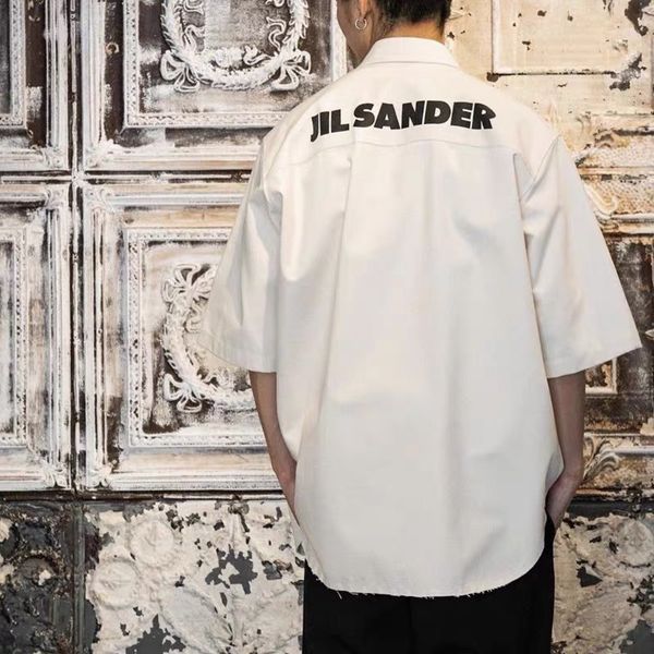 

fashion designers xiaozhongchao brand jil sander minimalist back letter high street loose tooling couple short sleeve shirt man clothes, White;black