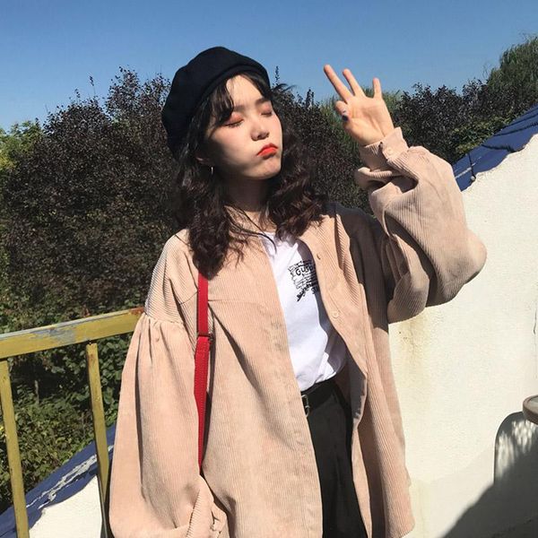 

women's jackets kawaii girl sweet college style jacket women korean long sleeve solid color corduroy loose coat 2021 fall female outer, Black;brown