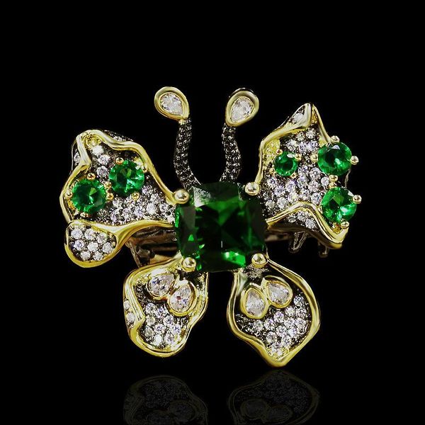 

cluster rings vintage fashion butterfly green zircon ring exquisite 925 silver attending party jewelry shiny, Golden;silver