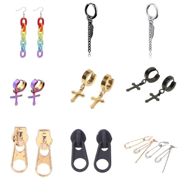 

dangle & chandelier 1pair tassel asymmetric pin chain earring korean exaggerate safety cross zipper earrings for women men punk jewelry, Silver