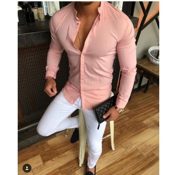 

men's casual shirts commuter selling stand collar solid color slim long sleeve blouse, White;black