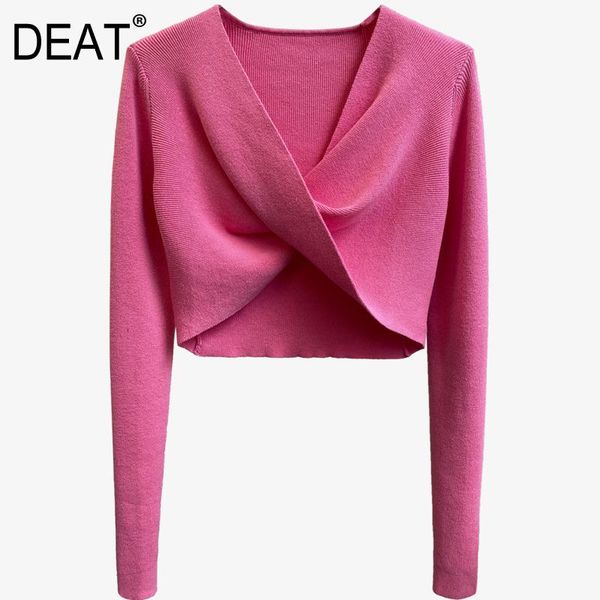 

women's t-shirt [deat] twist short v -neck collar long sleeve solid color y2k clothes mall goth women and bloues 2021 spring gx350, White