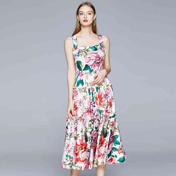 

casual dresses runway beading petal buttons spaghetti stap women elegant floral printed beach female vacation long pleated yv72, Black;gray